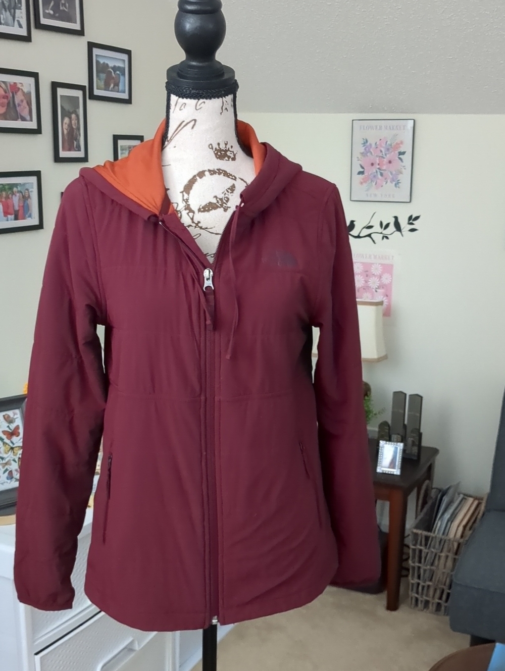 The North Face Women's Burgundy Utility Jacket with Orange Hood Lining